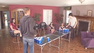 Sexy girls and guys like to play beer pong while they strip