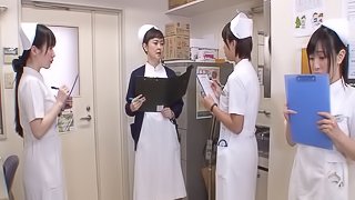 Naughty nurse boycotts duty just to fuck two thick cocks in a compilation scene
