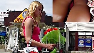 Cutie with flowers upskirt on the bus
