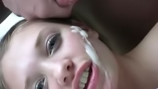 a guy unloading his cum on his girlfriend's slutty face